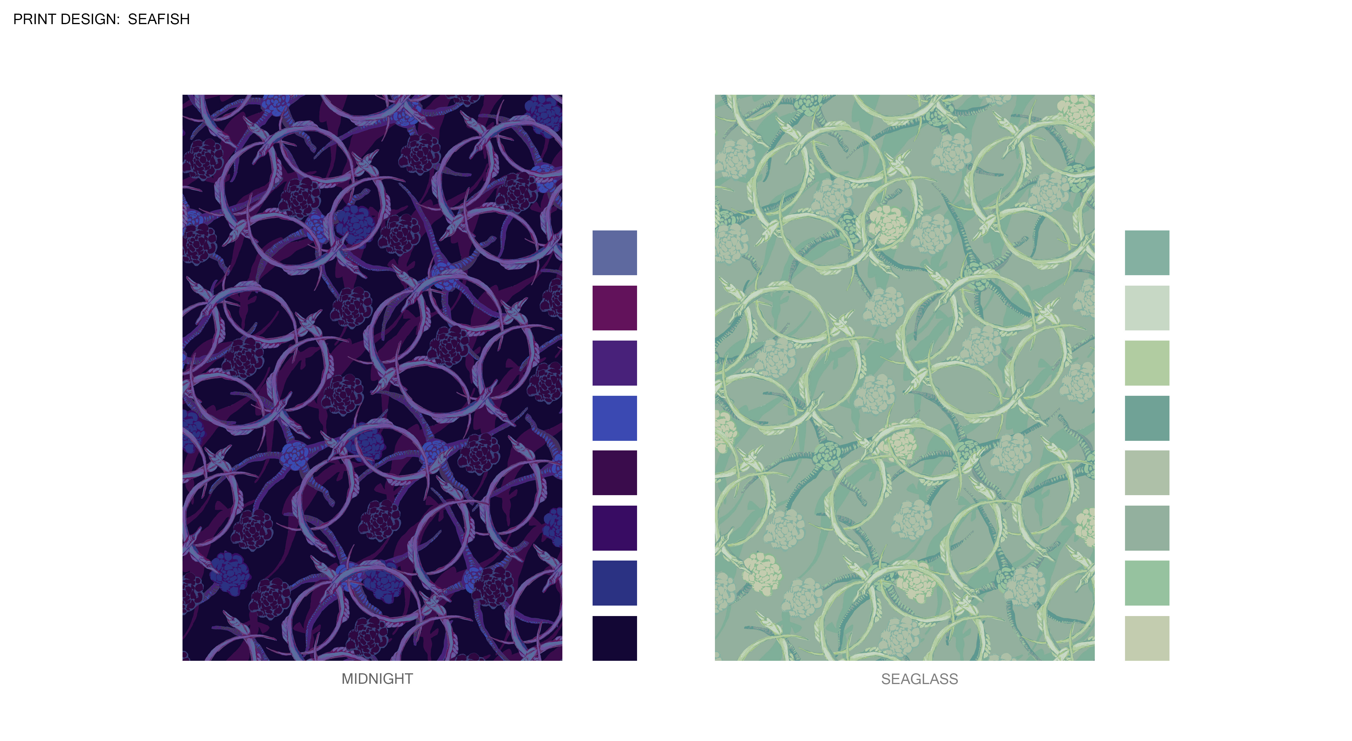 Two colorways for a dense repeating pattern depicting long, thin fish curving around each other in an intersecting circular pattern above scattered starfish, flower-like elements, and more subtle creatures which are in wavy silhouette in the background. Besides the patterns are palette chips showing the colors, with deep midnight blues, purples and indigos to the left and pale greens in various warm and cold shades to the right. 