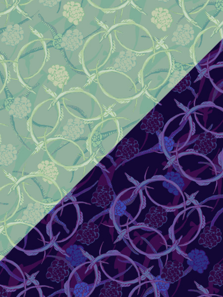 Repeating pattern depicting long, thin fish curled around each other in an intersecting circular pattern above scattered starfish and flower-like elements, which is split down the middle between colors in shades of warmer and cooler greens and a darker palette of deep purples, blues and mageneta.