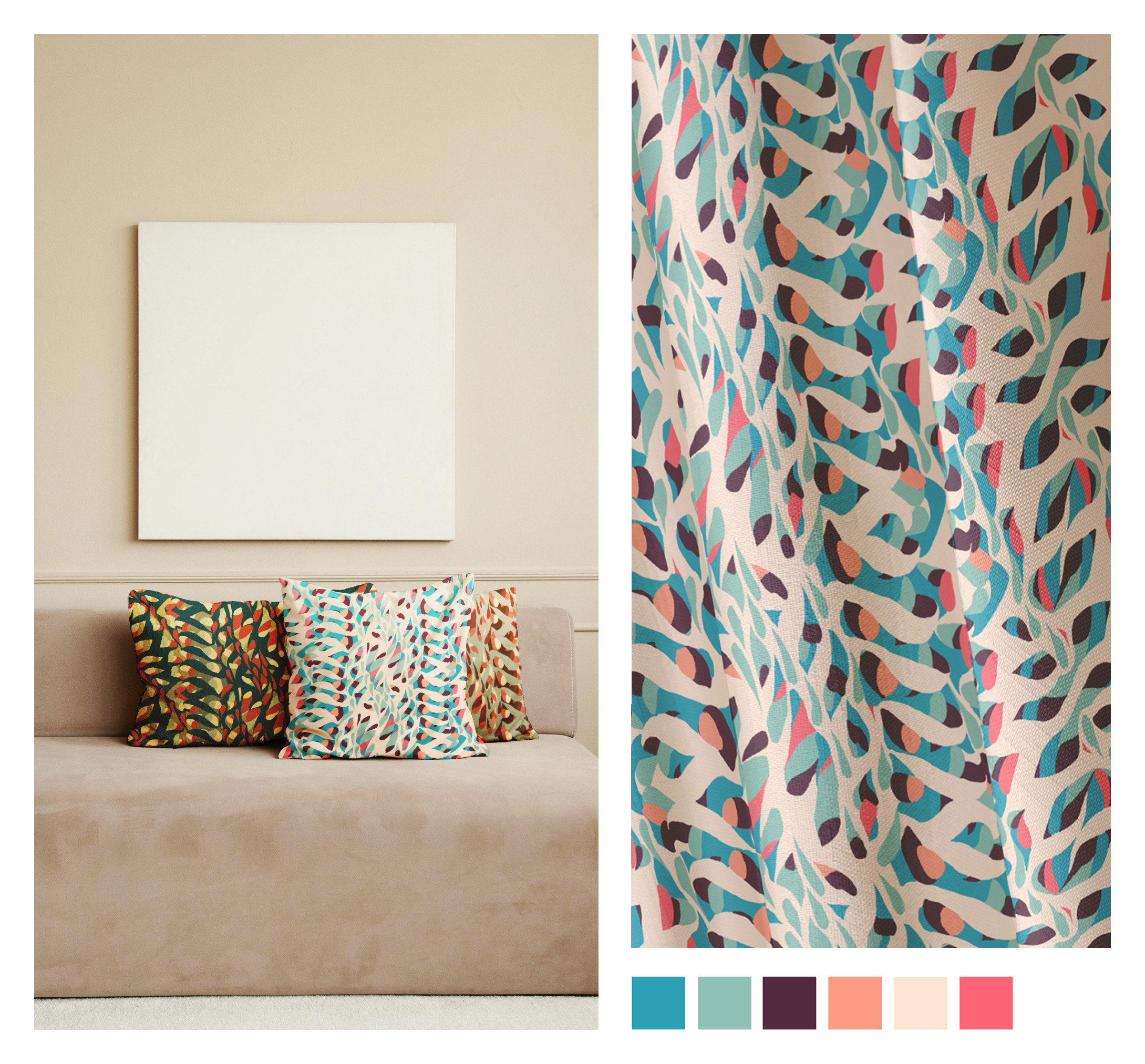 Mockup of a dense, complex pattern where abstract segemented elements in cream and blue weave in and out between accent details in shades of brown, orange and pink. To the left the pattern is shown on cushions situated on a tan, velvet couch in a white room below a large canvas besides two other alternate color palettes in shades of green on cushions behind, and to the right the pattern on a thick woven fabric with several folds.