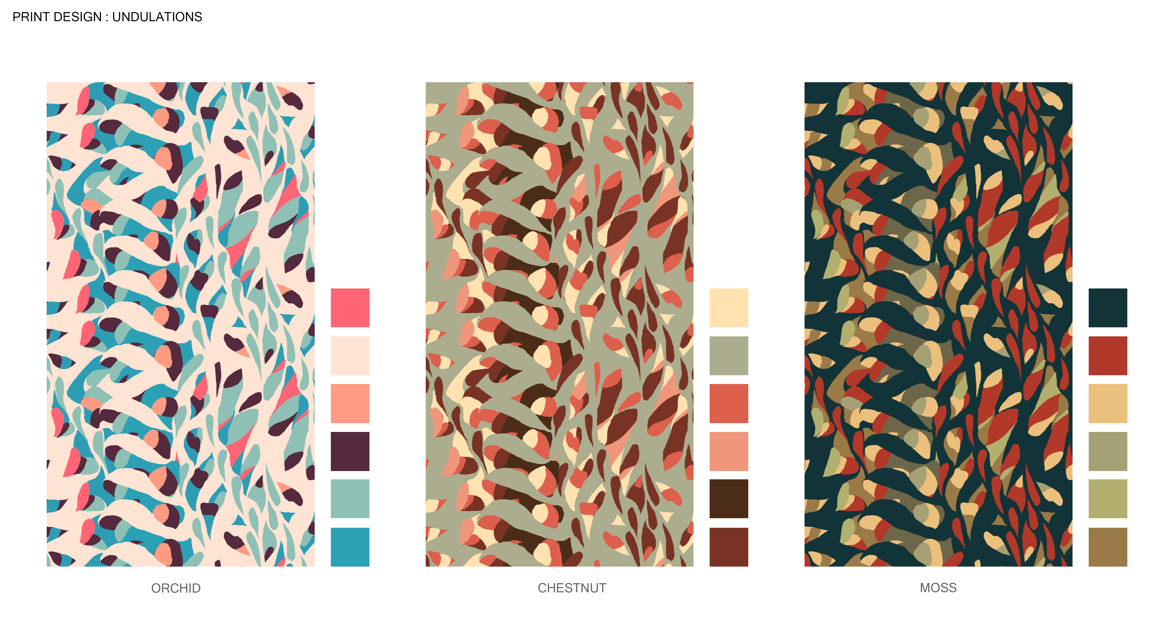 A dense, complex pattern where abstract segemented elements weave in and out between accent details that add depth to the interlocked structures, in three colorways. Left: Cream and two shades of blue accented by spots of pink, orange and brown. Center: Muted green with pale yellow, accented by spots of warm reds and browns. Right: Dark green and red accented by muted greens and pale yellow.