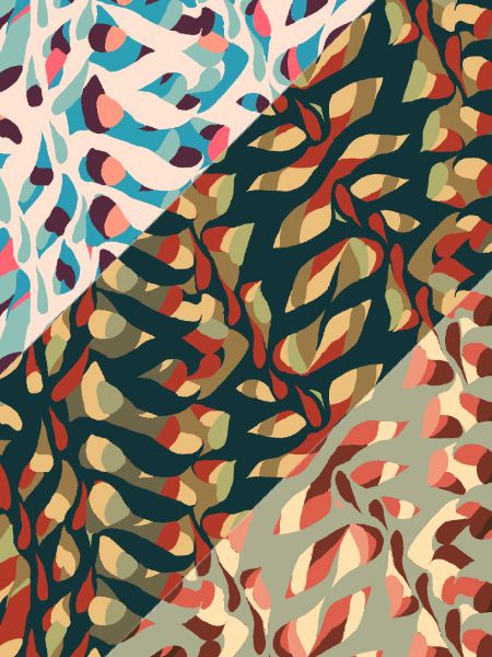 Complex pattern where segemented elements weave in and out between accent details, cut between three color palettes: cream and blue with warm accents in in orange, brown and pink, dark green and oliver green with red, yellow and pale green accents, and muted green and pale yellow with brown and red accents. 